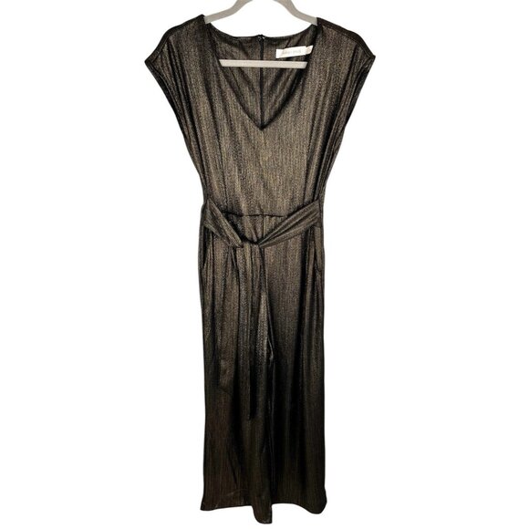 BISHOP + YOUNG Women's Black Gold Metallic Sleeveless Belted Crop Jumpsuit XS - Picture 1 of 6
